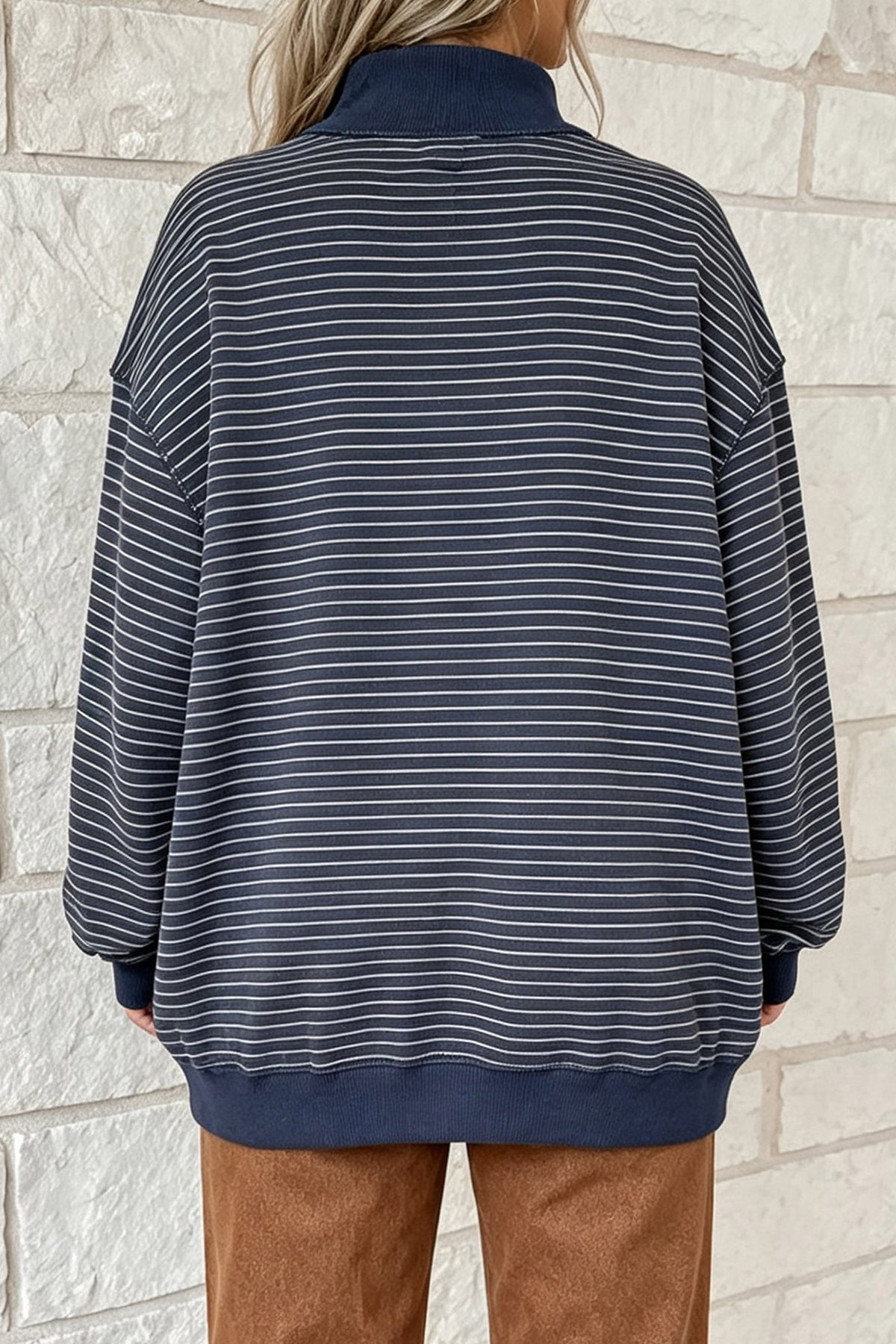 Blue Stripe Ribbed Color Block Mock Neck Oversized Sweatshirt