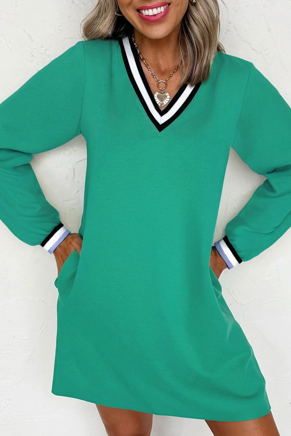 Mint Green Varsity Contrast Striped V Neck Long Sleeve T Shirt Dress w –  HannaBanna Clothing