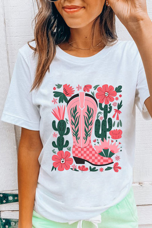 White Western Boots Flower Print Round Neck T Shirt