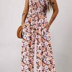 Black Floral Print Smocked High Waist Square Neck Jumpsuit