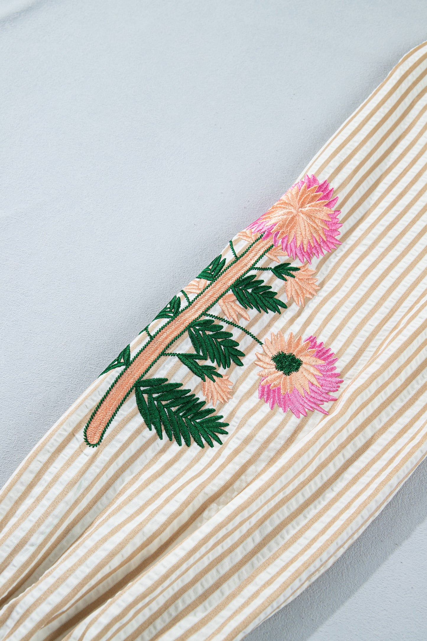 Khaki Stripe V Neck Floral Embroidered Long Sleeve Blouse