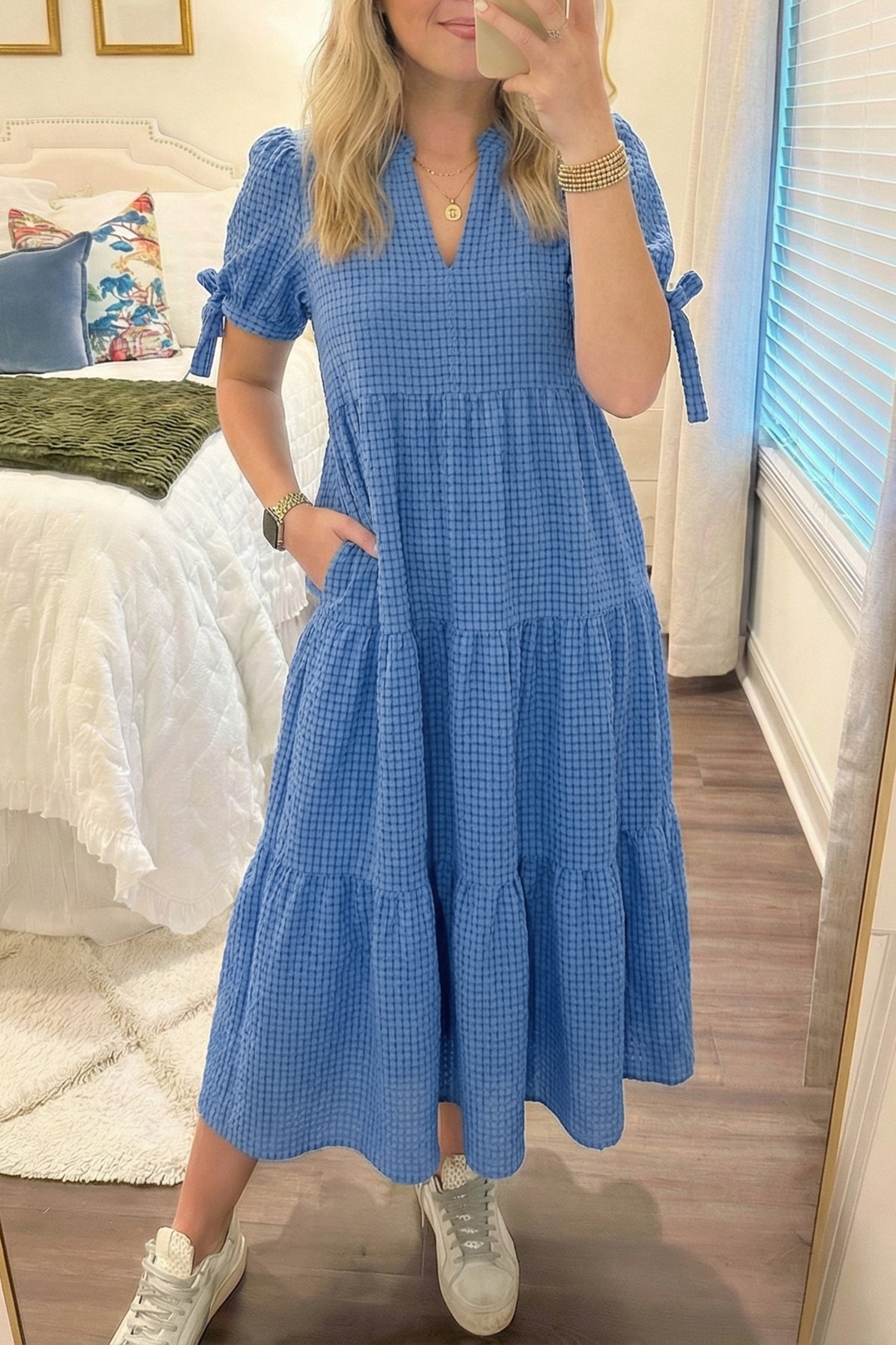 Dusk Blue Gingham Textured Bow Tie Short Sleeve Tiered Midi Dress Dusk Blue / M / 46%Polyamide+44%Viscose+10%Polyester