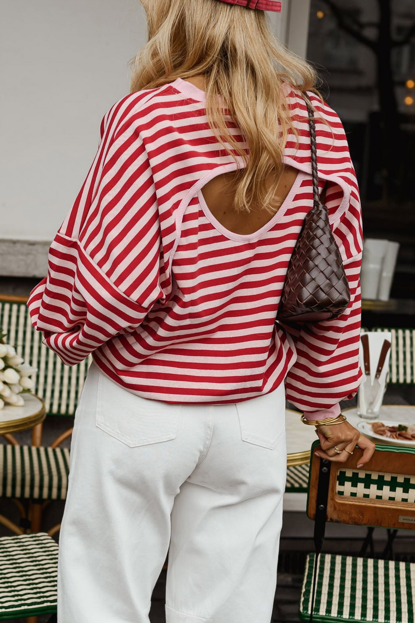 Red Stripe Cutout Open Back Long Sleeve Loose Top