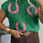 Bright Green Corded Horseshoes Ribbed Trim Mock Neck Short Sleeve Sweater