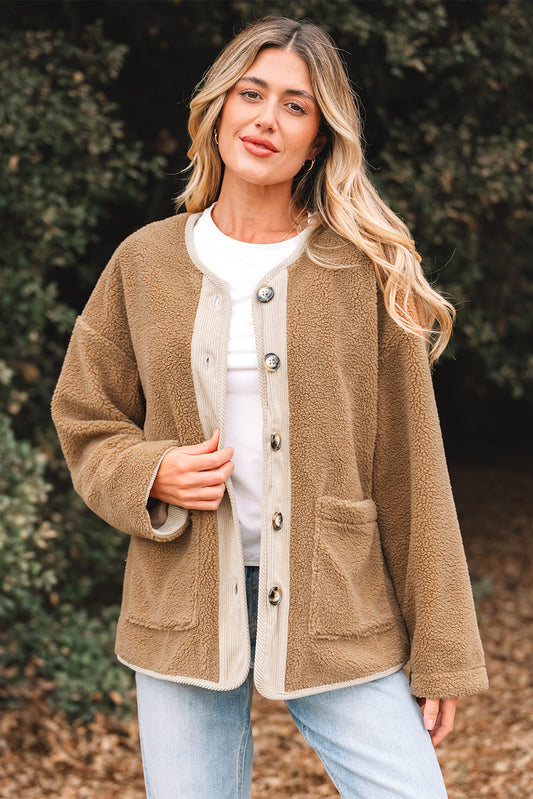 Light French Beige Puffy Plush Corduroy Edge Patchwork Jacket with Big Pockets