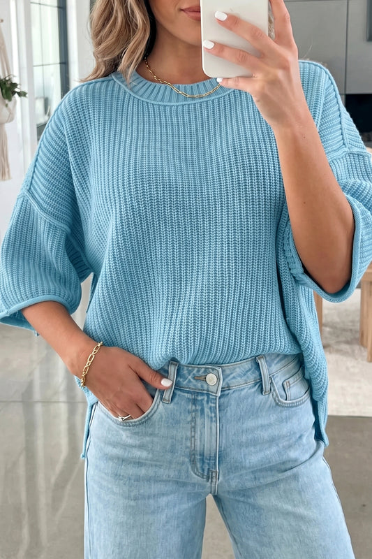 Mist Blue Exposed Seam Detail Half Sleeve Loose Sweater
