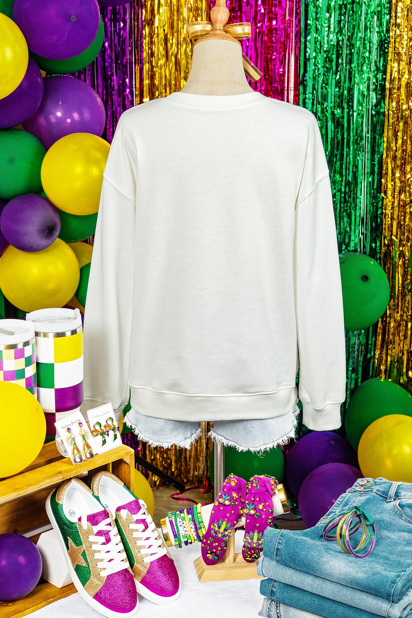 White mardi gras Fleur De Lis Embroidered Graphic Pullover Sweatshirt