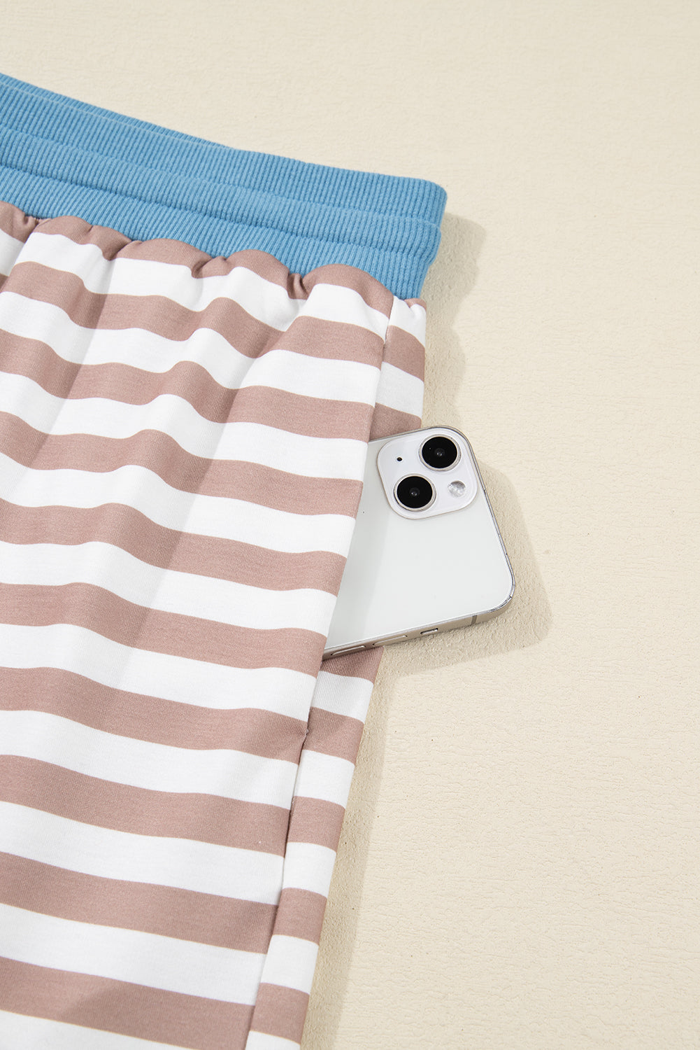 Khaki Stripe Contrast Edge Drop Shoulder Pullover and Shorts Plus Size Set