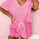 Bonbon V Neck Drop Shoulder Tee and Patchwork Drawstring Shorts Set