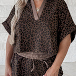 Brown V Neck Collar Leopard Printed 2pcs Short Set