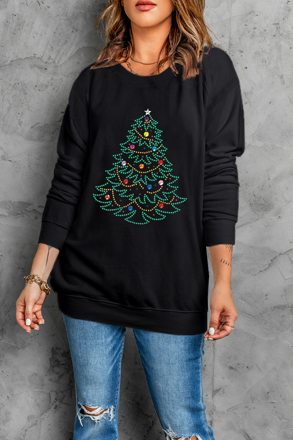 Sweat-shirt noir à motif sapin de Noël et strass
