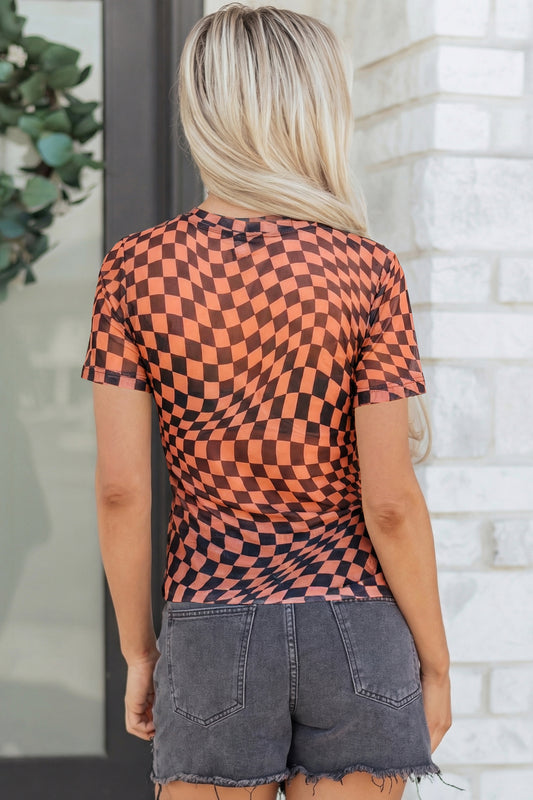 Orange Checkered Print Crew Neck Mesh T Shirt