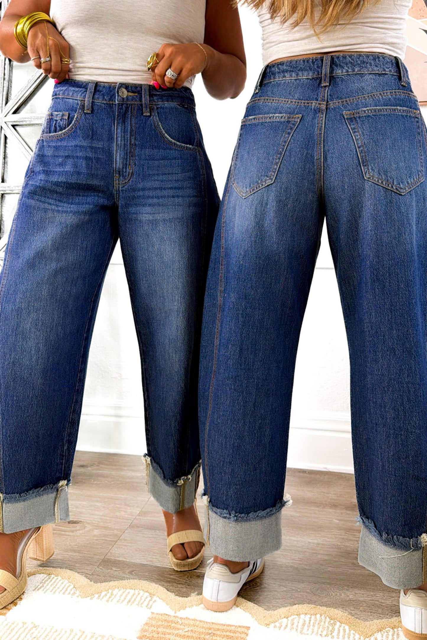 Sail Blue Raw Hem Turnup Loose Ankle-length Jeans