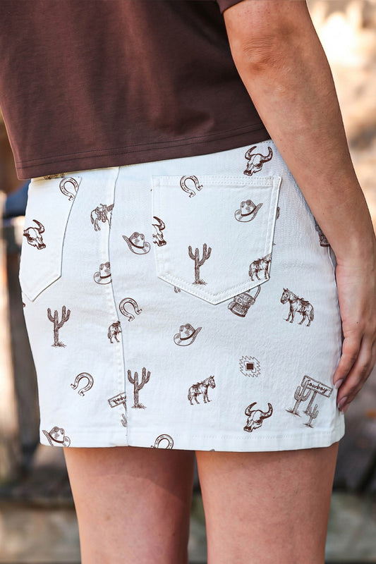 White Western Print Cactus Horse Bull Denim Skirt