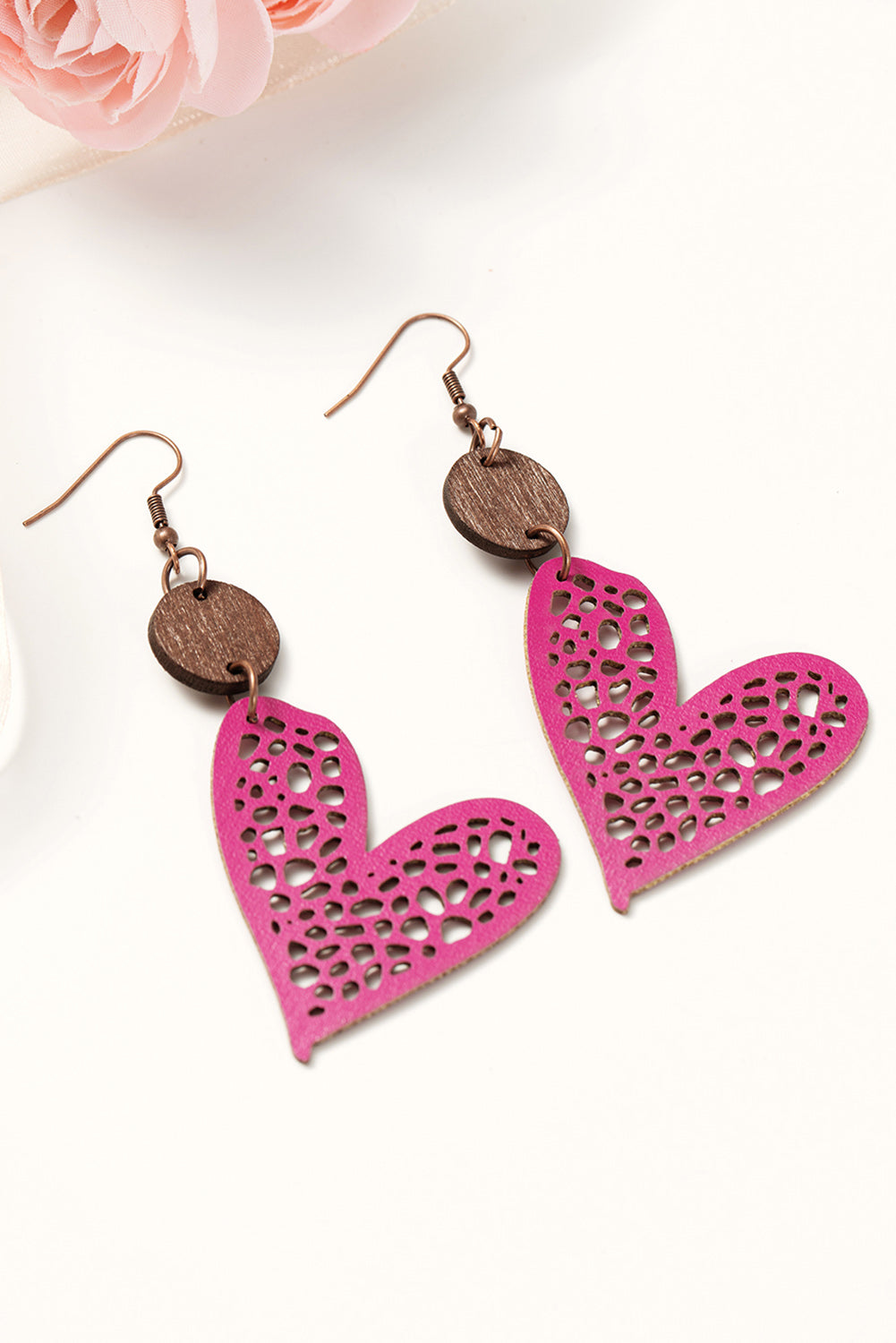 Boucles d'oreilles pendantes en forme de cœur creux rose rouge Saint-Valentin