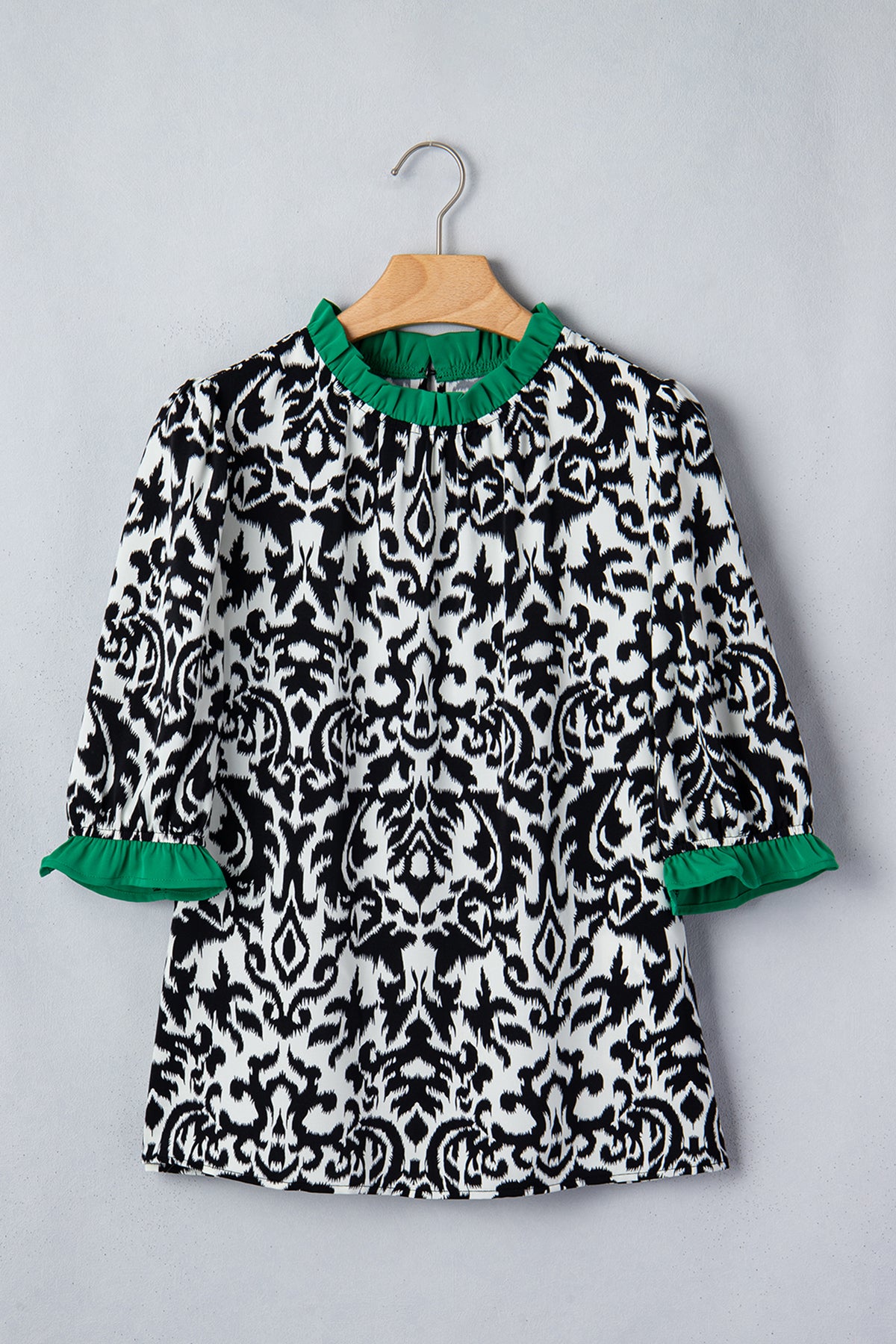 Black Damask Print Ruffled Color Block Detail Half Sleeve Blouse