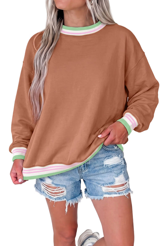 Straw Yellow Contrast Striped Trim Baggy Pullover Sweatshirt