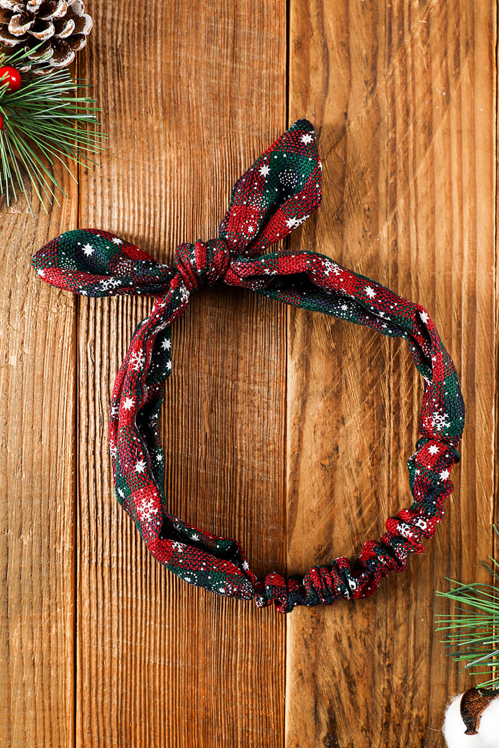 Burgundy Christmas Plaid Snowflake Print Bow Hair Tie