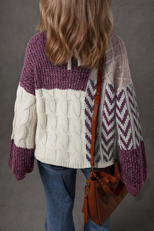 Purple Color Block Patchwork Knotted Back Loose Fit Sweater