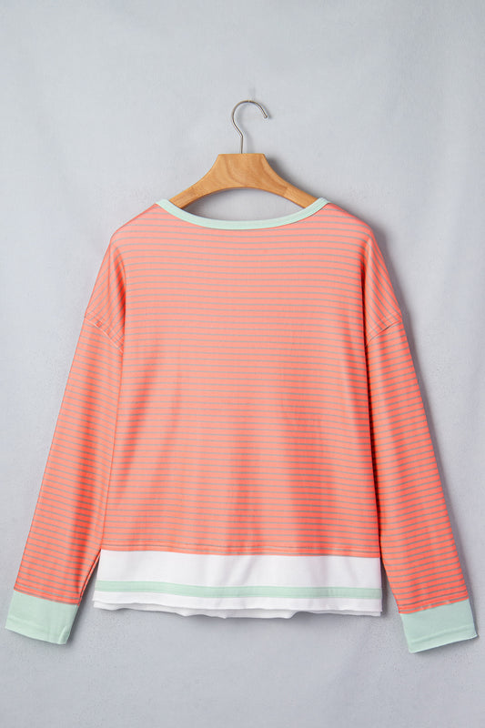 Orange Stripe Colorblock Detail Raw Seam Long Sleeve Top