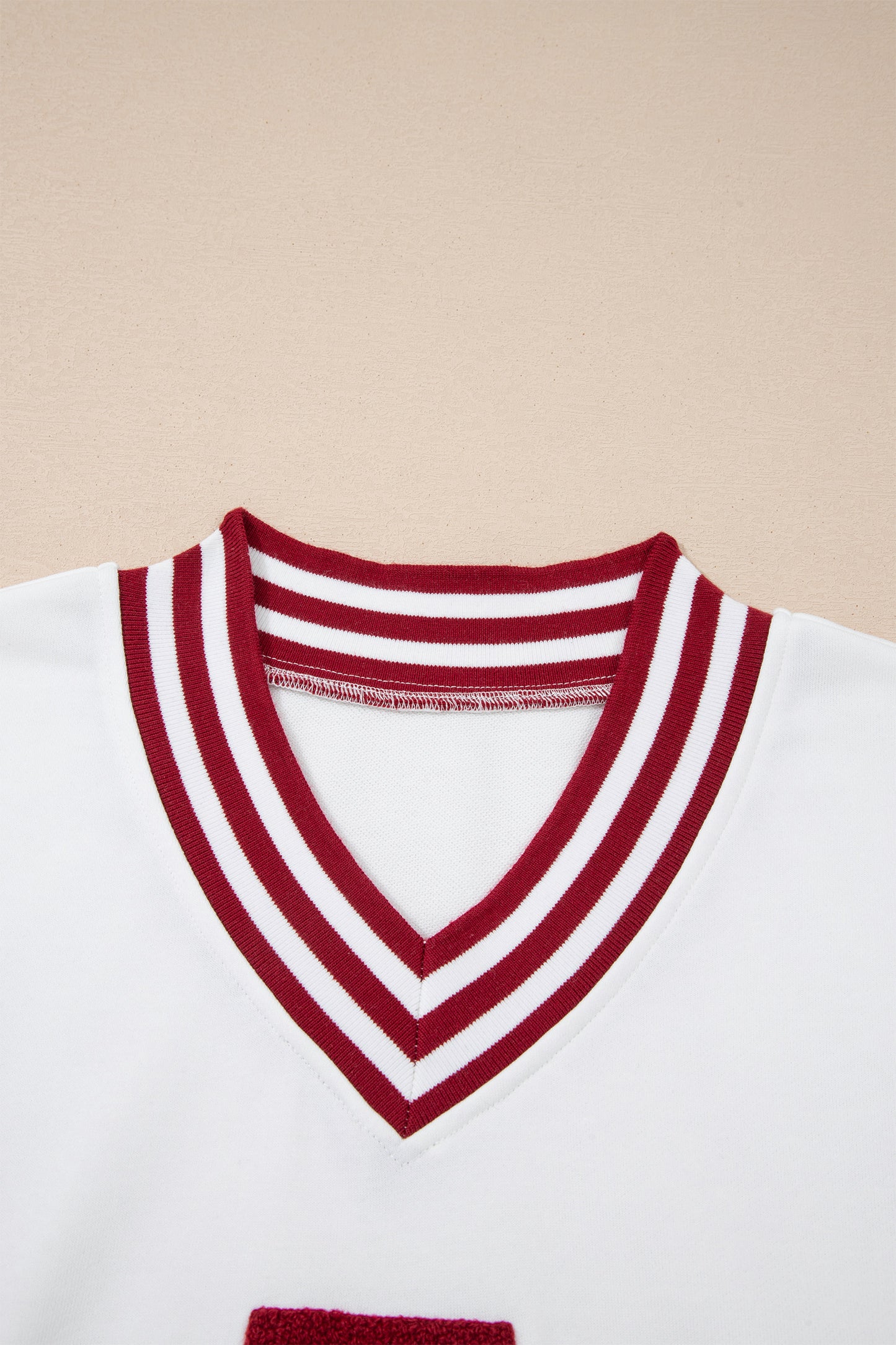 Red Dahlia Chenille Letter A Graphic Varsity Striped V Neck Puff Sleeve Sweatshirt