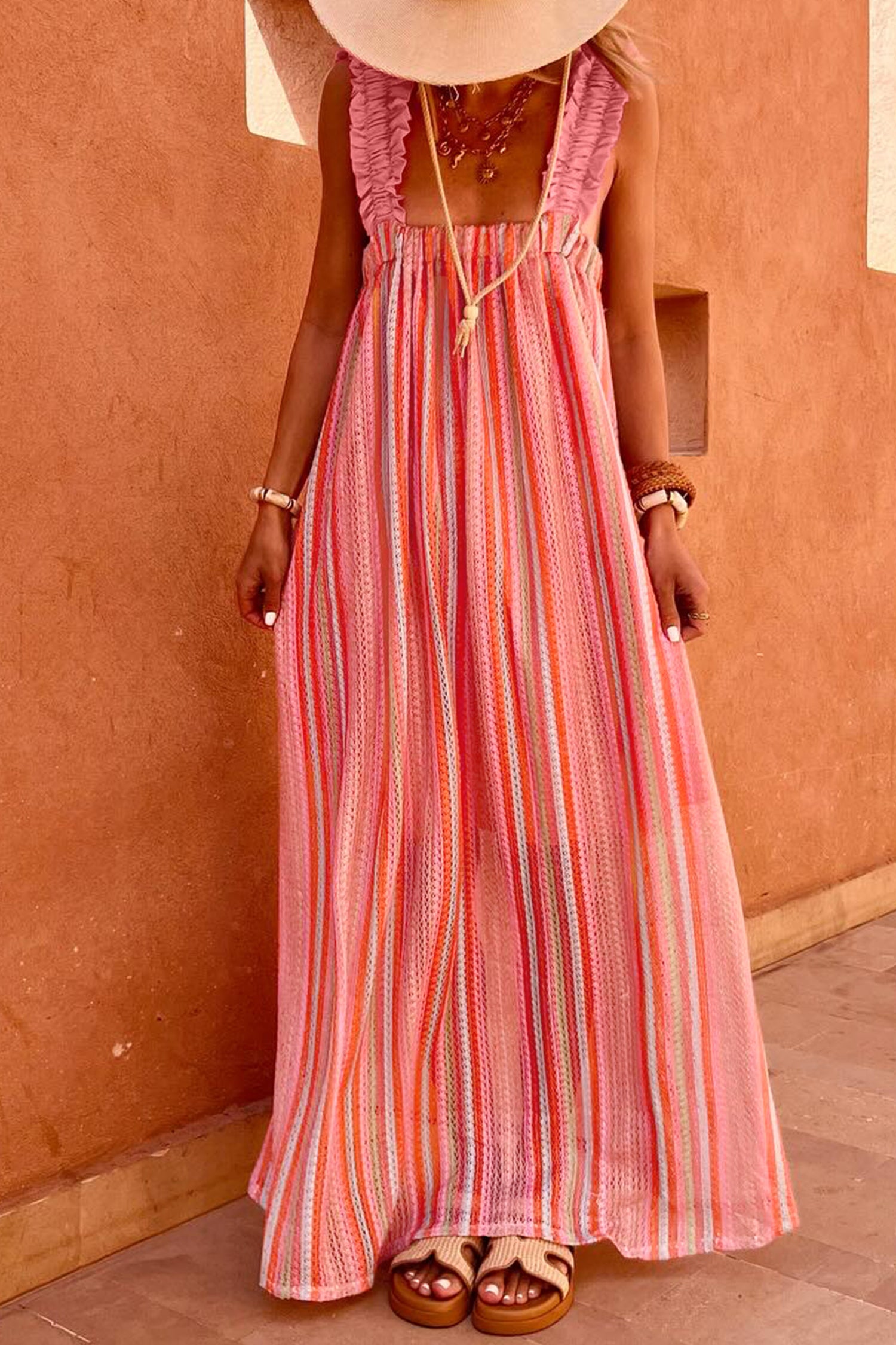 pink and orange striped maxi dress Stripe Ruffled Straps Ribbon Knot Flowy Vacation Sue Wong Nocturne Cocktail Accessories:Shoulders only Showstopper Dresses Slightly stretchy Body