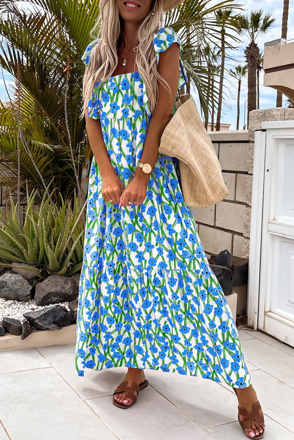 blue floral square neck dress Print Ruffled Strap Maxi Blue / XL / 100%Polyester 904 WEDTREND Women Sky Blue Premium scuba Size:(XL)/44