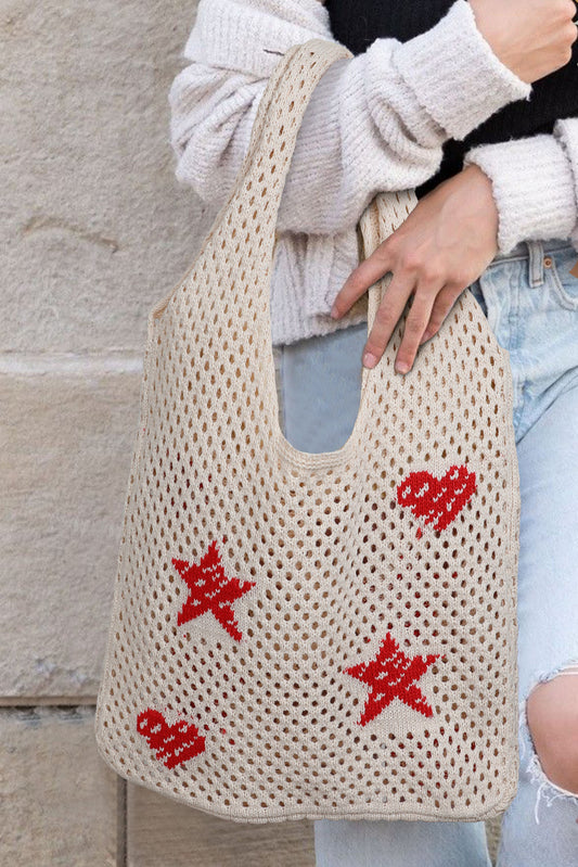 Brown Star Heart Print Hollow Out Knit Shoulder Bag