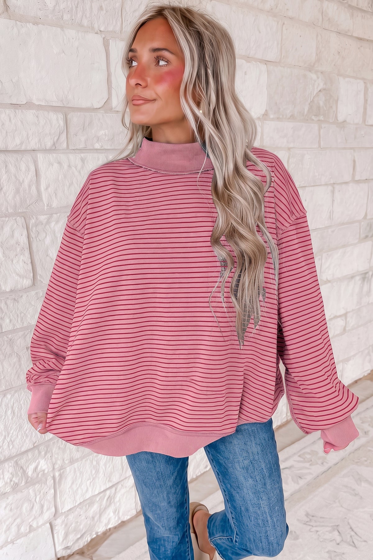 Pink Stripe Ribbed Color Block Mock Neck Oversized Sweatshirt