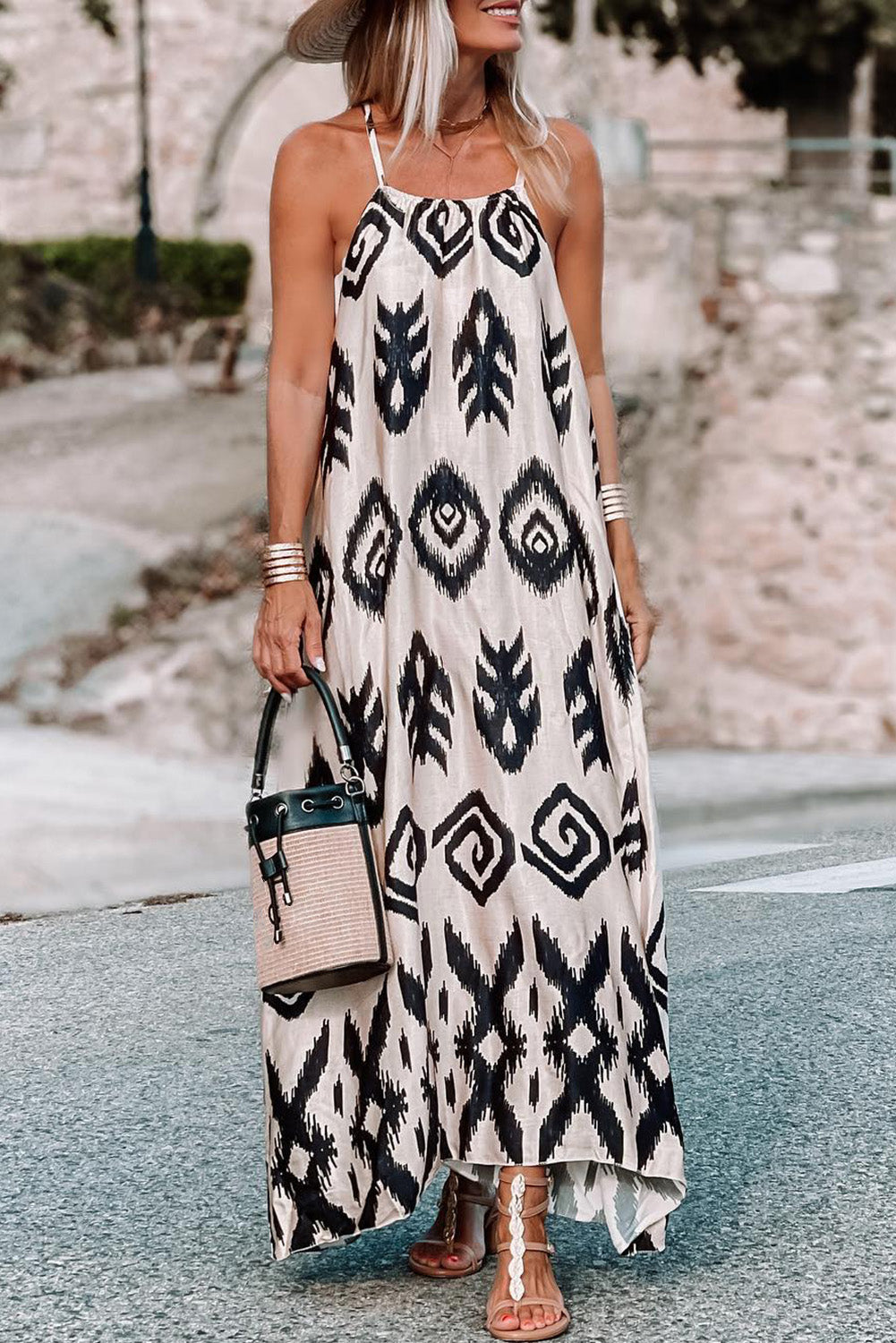 Black Western Aztec Printed Fashion Vacation Sundress Black Western Aztec Printed Fashion Vacation Sundress