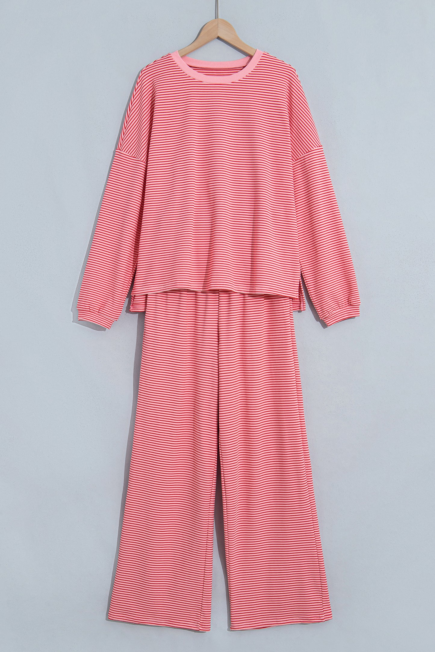 Pink Striped Drop Shoulder Long Sleeve Pant Set