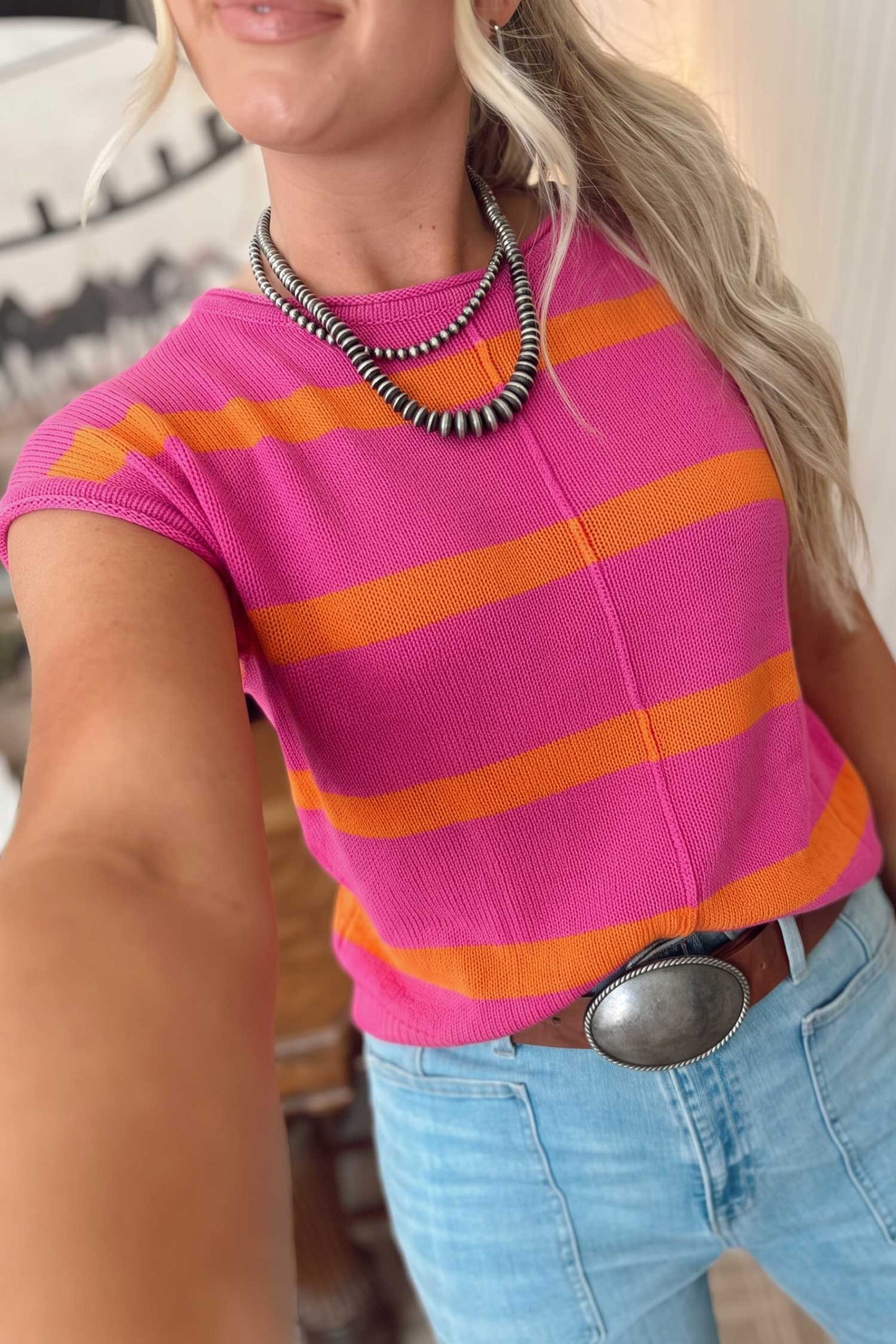 Rose Stripe Knit Western Short Sleeve Sweater