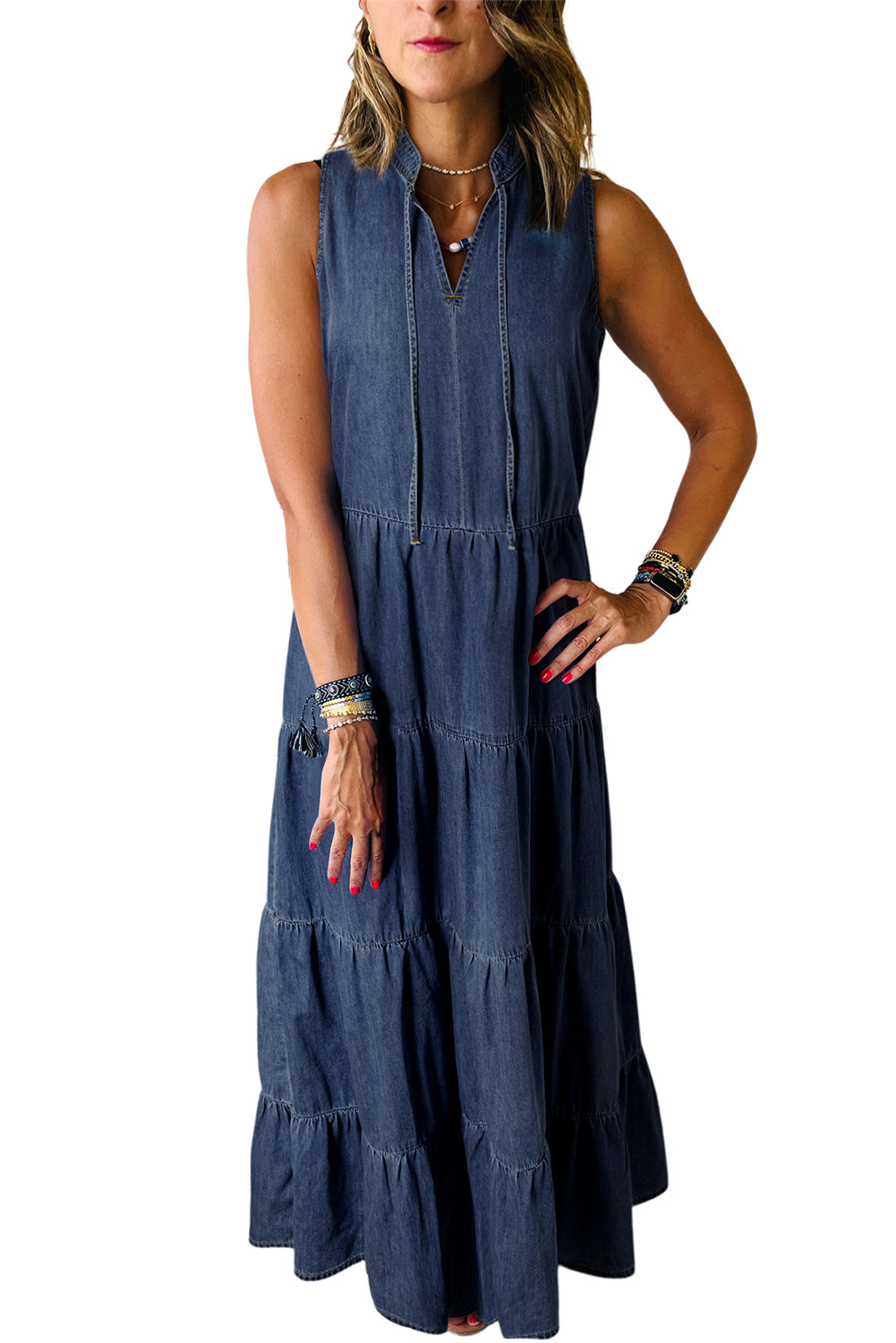 Robe longue en chambray à volants sans manches bleu sarcelle véritable