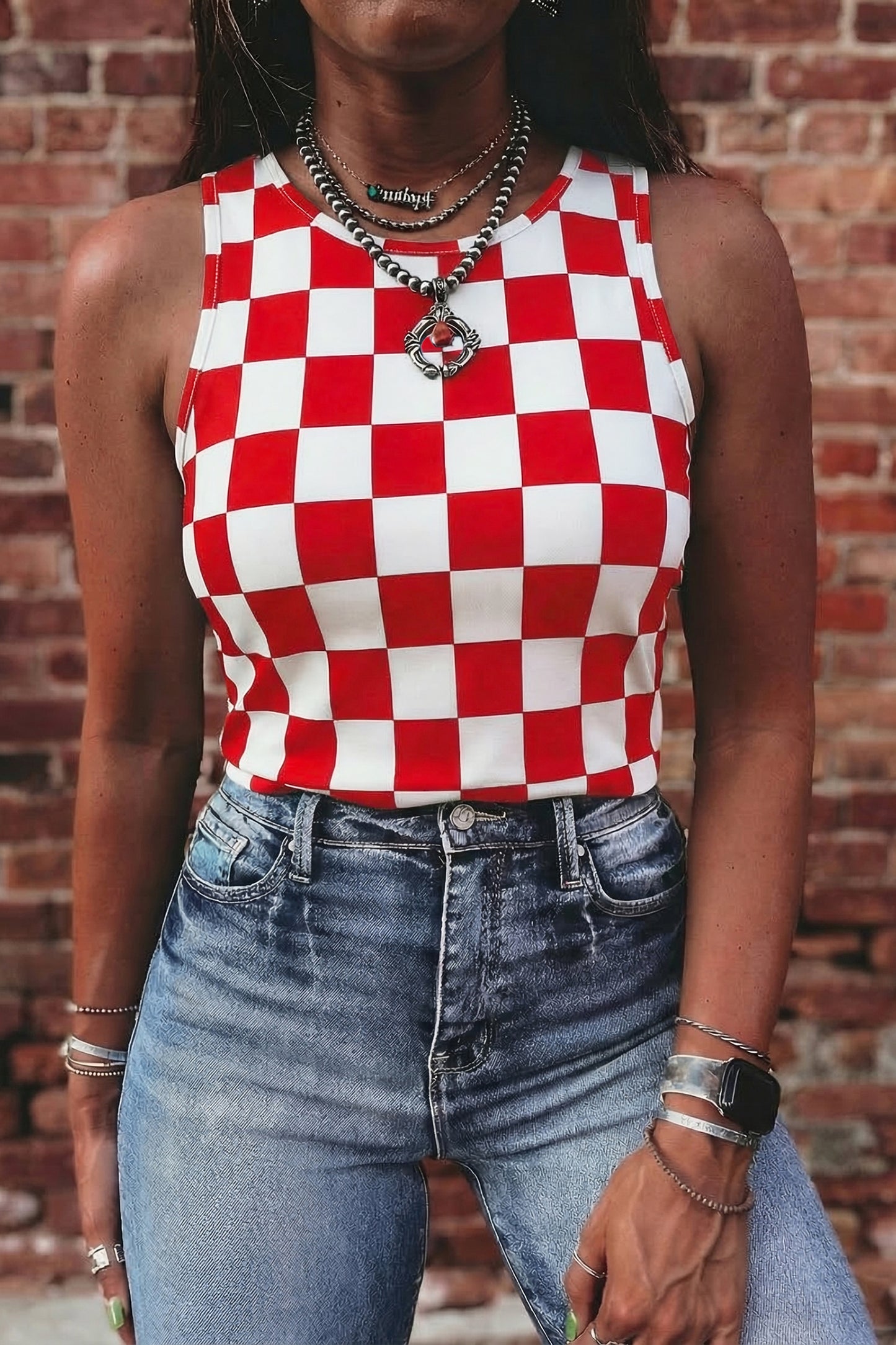 Red Checkerboard Printed Slim Tank Top