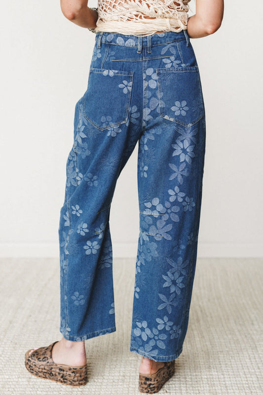 Blue Floral Print Ankle Length Casual Pocket Jeans