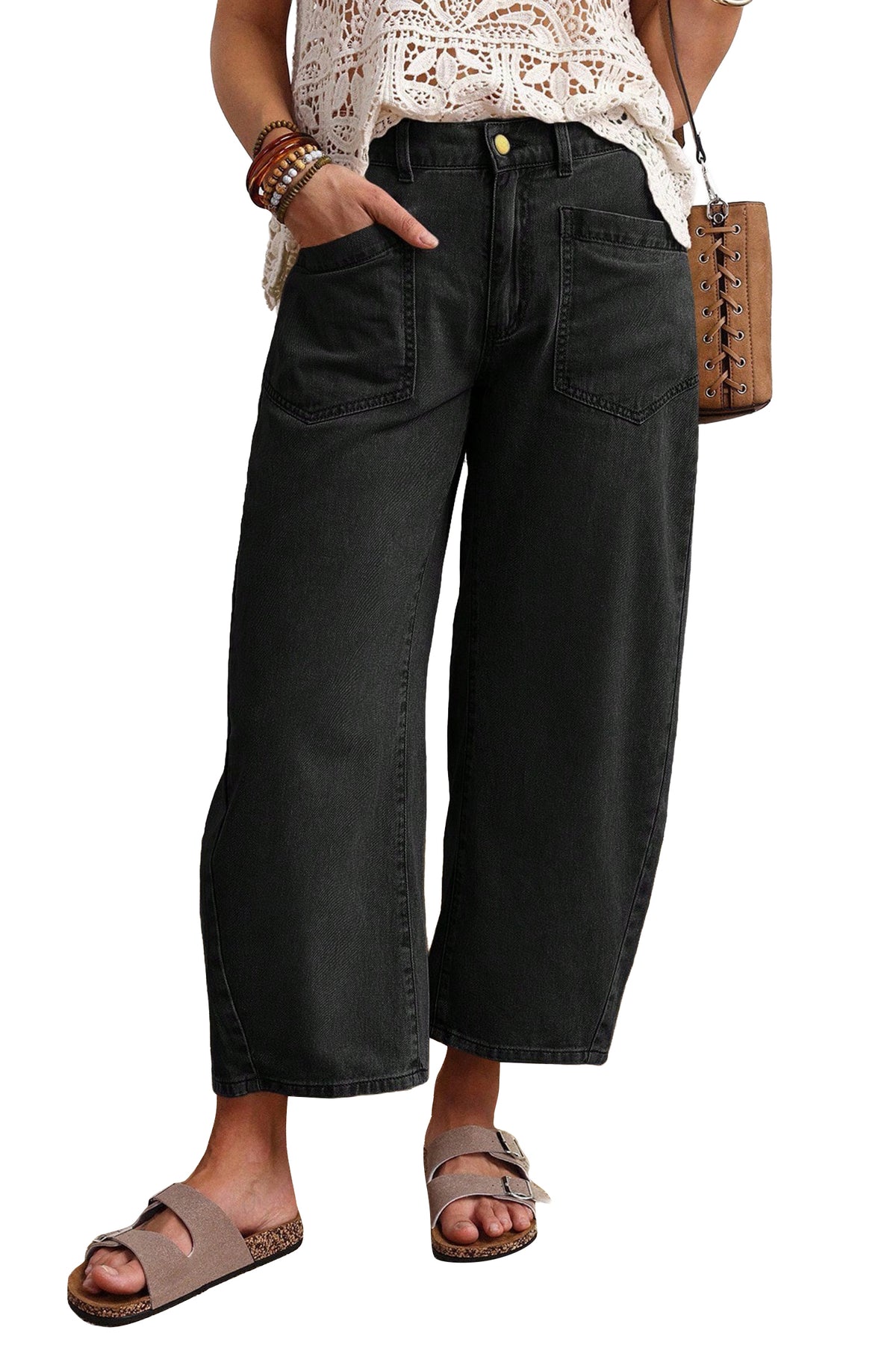Black Solid Color Square Patch Pocket Ankle-length Barrel Jeans