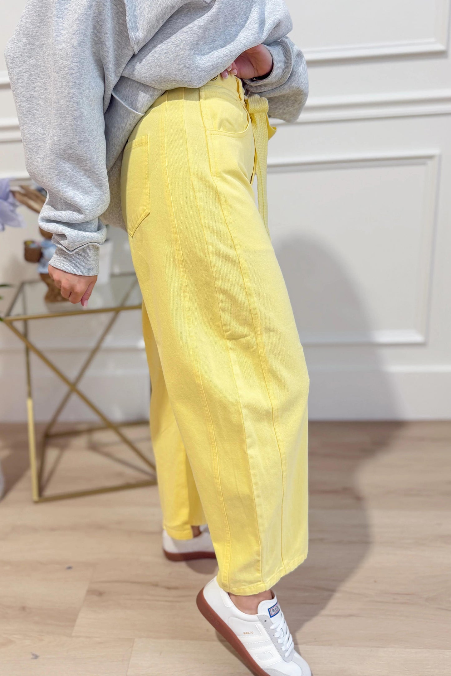 Yellow Solid Color Grommet Detail Knot Waist Barrel Jeans