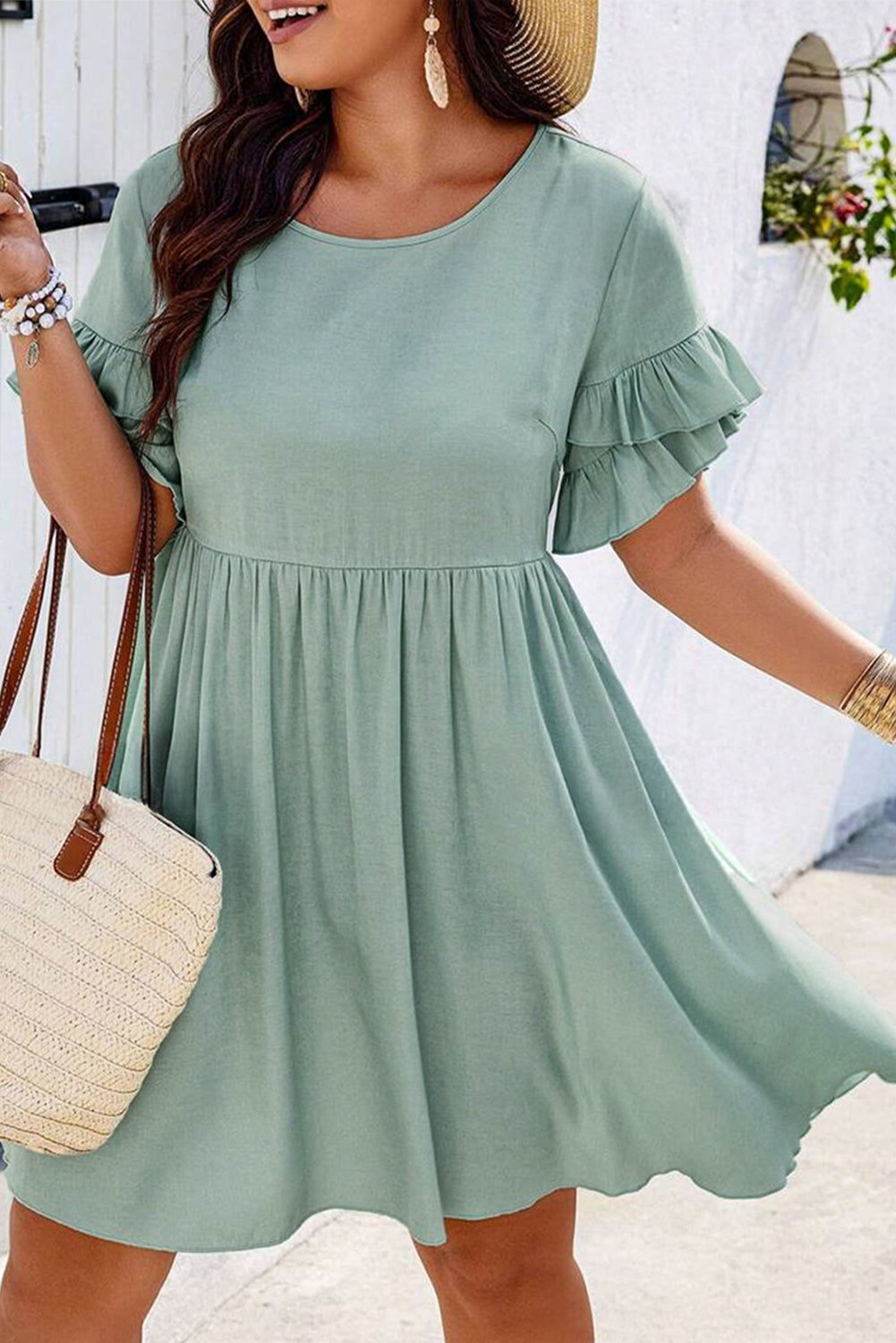 Grass Green Ruffle Trim Short Sleeve Plus Size Flared Mini Dress - Sunny Angela Grass Green / 4X Grass Green Ruffle Trim Short Sleeve Plus Size Flared Mini Dress - Sunny Angela Grass Green / 4X