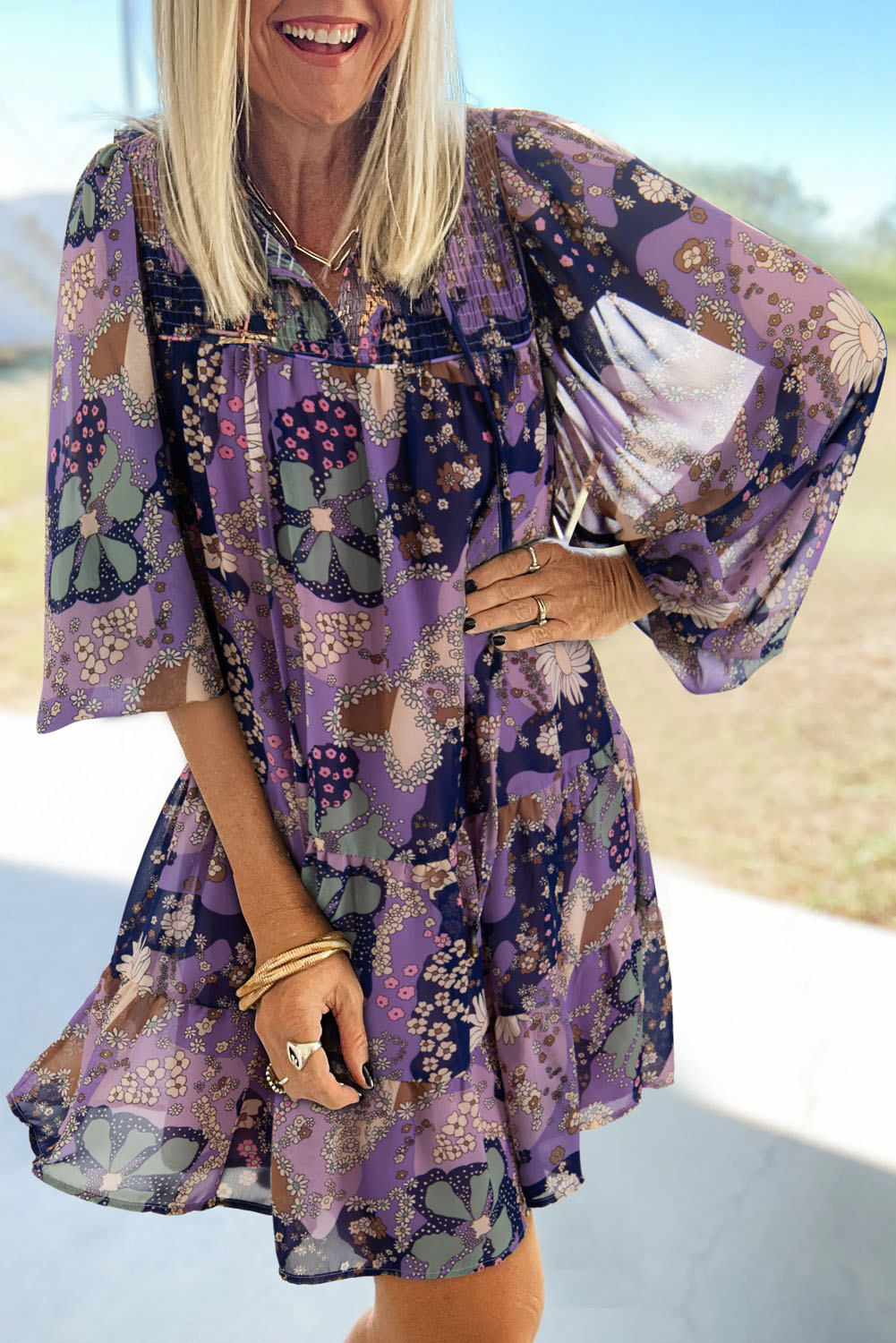 Purple Vintage Daisy Floral Puff Sleeve Ruffle Short Dress - Sunny Angela Purple / L Purple Vintage Daisy Floral Puff Sleeve Ruffle Short Dress - Sunny Angela Purple / L