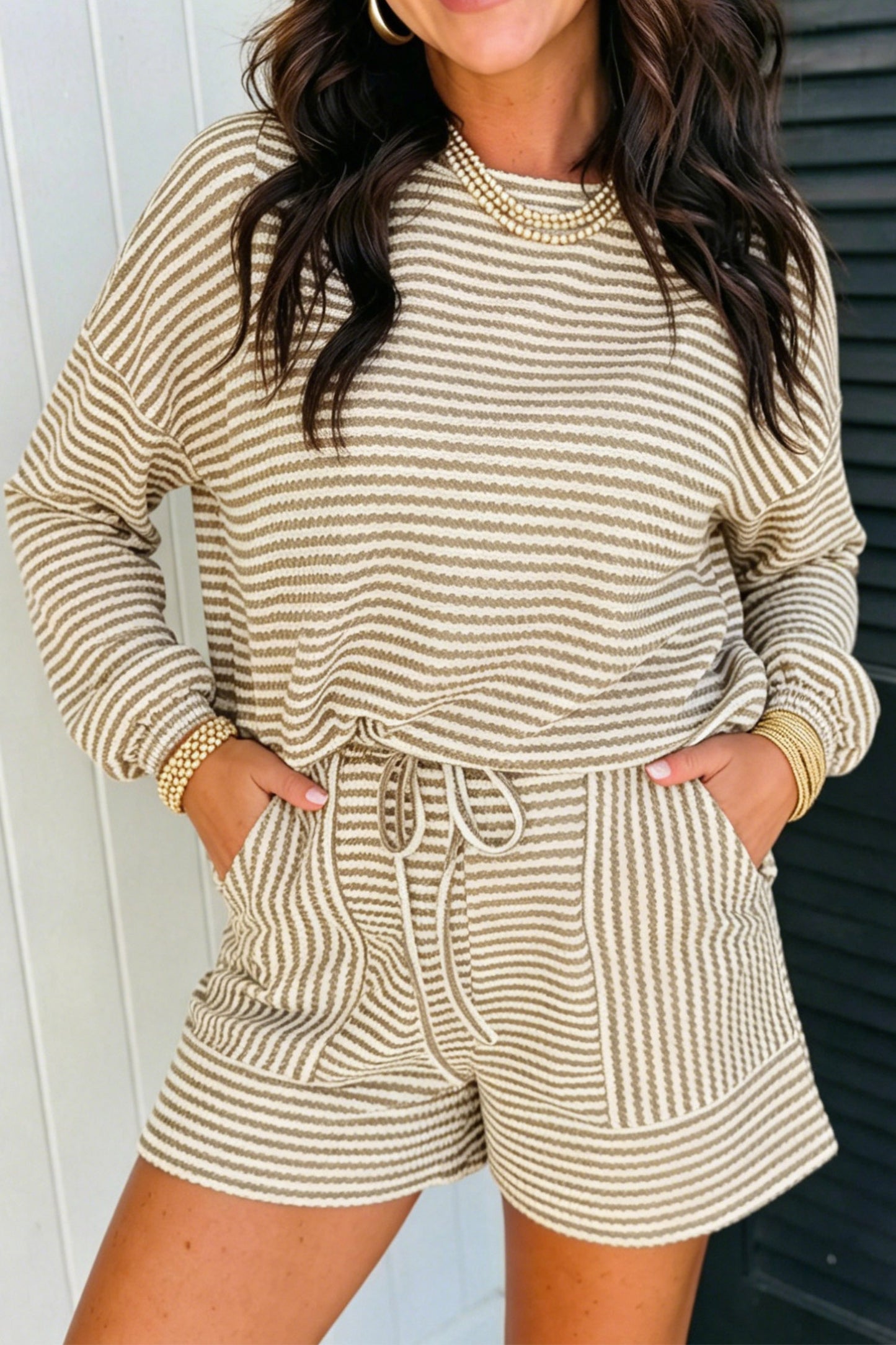 Brown Stripe Textured Knit Long Sleeve Top Elastic Waist Shorts Casual Outfit