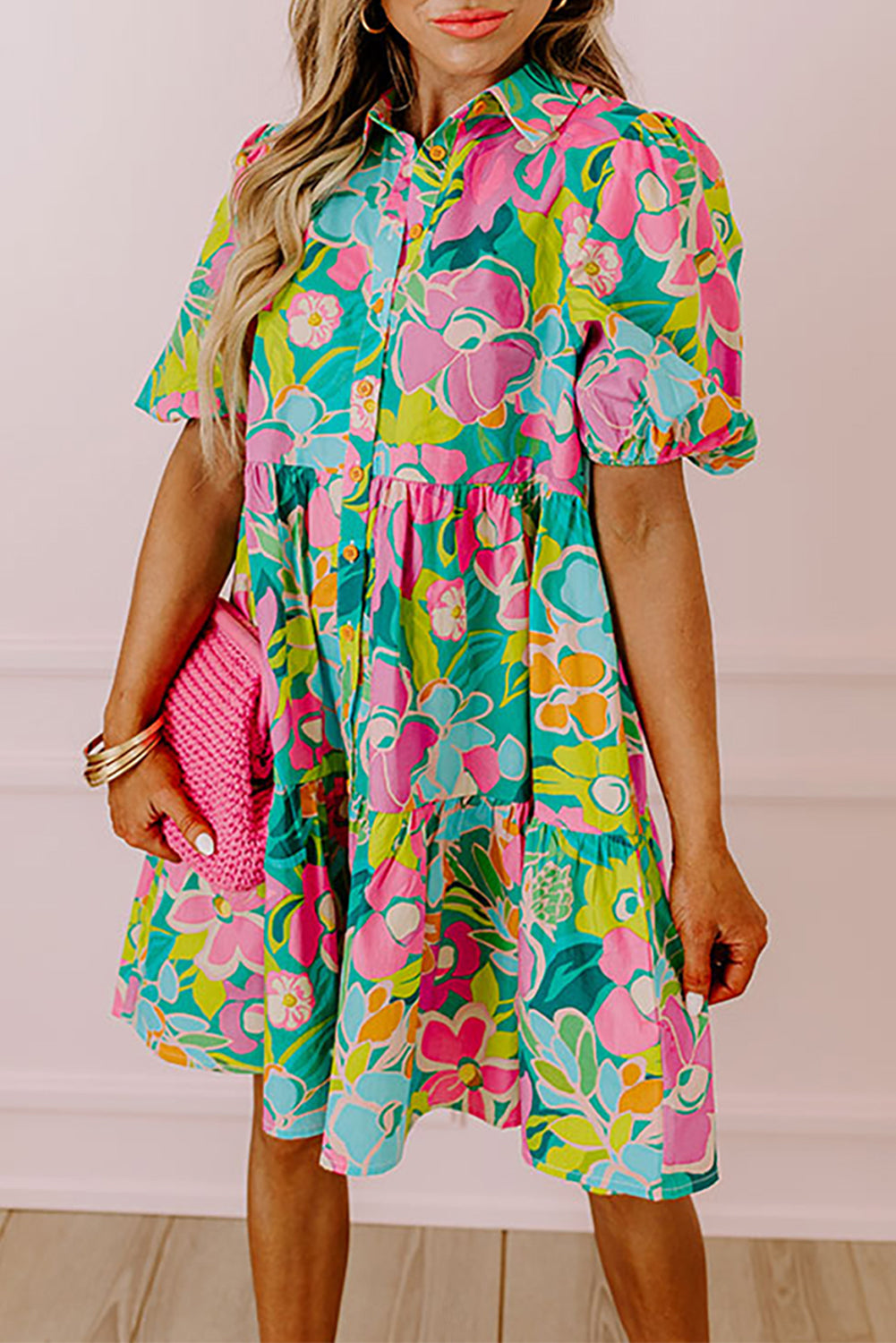 slim fit dress slacks Green Floral Puff Sleeve Buttoned Babydoll Dress Green / XL
