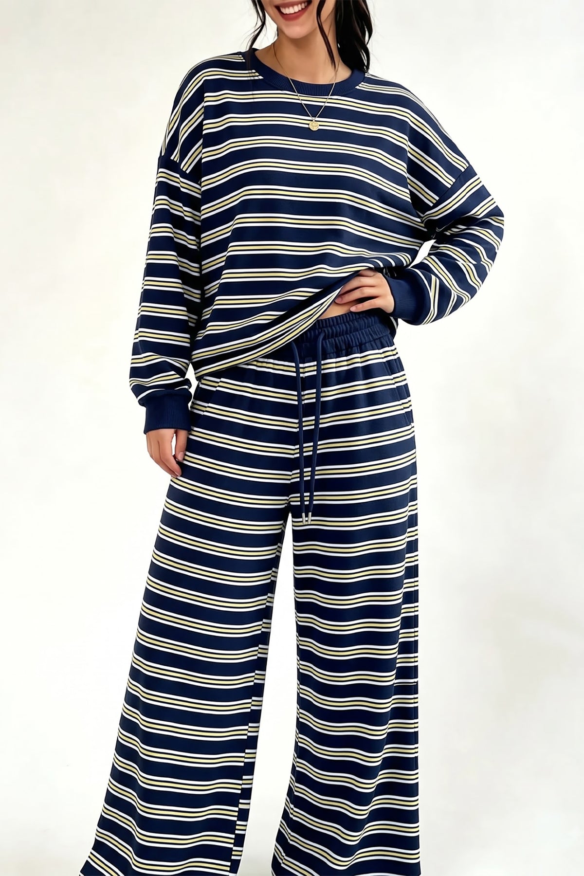 Sky Blue Stripe Back Cutout Long Sleeve Top and Wide Leg Pants 2pcs Set