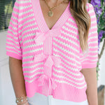 Pink Stripe Short Sleeve Knit V Neck Bow Knot Sweater