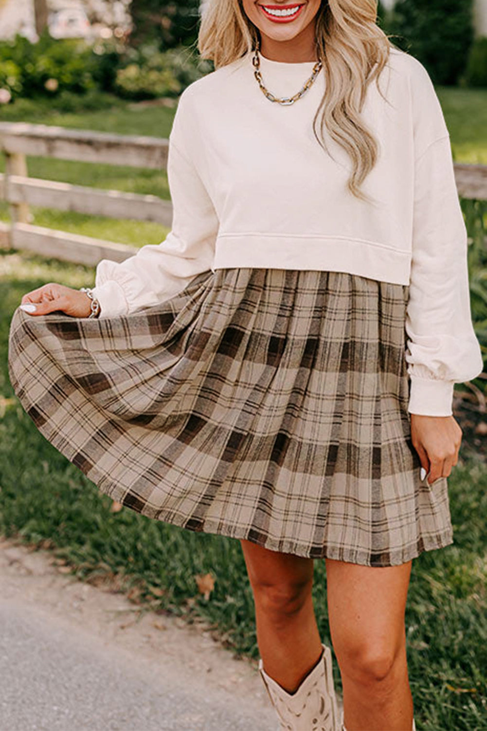 sweatshirt mini dress Beige Plaid Patchwork High Waist Sweatshirt Mini Dress Beige / XL / 85%Polyester+10%Cotton+5%Elastane