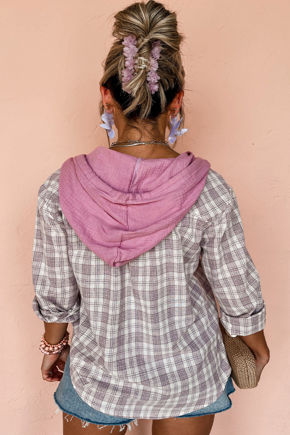 Chemise boutonnée à capuche et cordon de serrage à imprimé écossais Bonbon grande taille