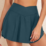 Sea Green Solid Pocketed Crossover High Waist Swim Skort