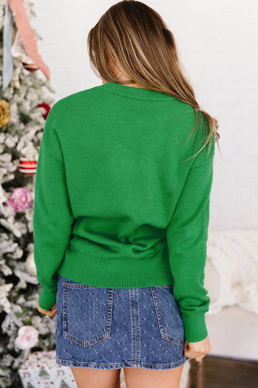 Dark Green Abstract Patch Embroidery Christmas Pullover Sweater