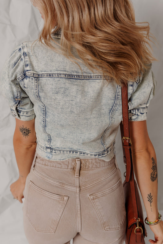 Beau Blue Light Wash Buttoned Chest Pocket Puff Sleeve Denim Jacket