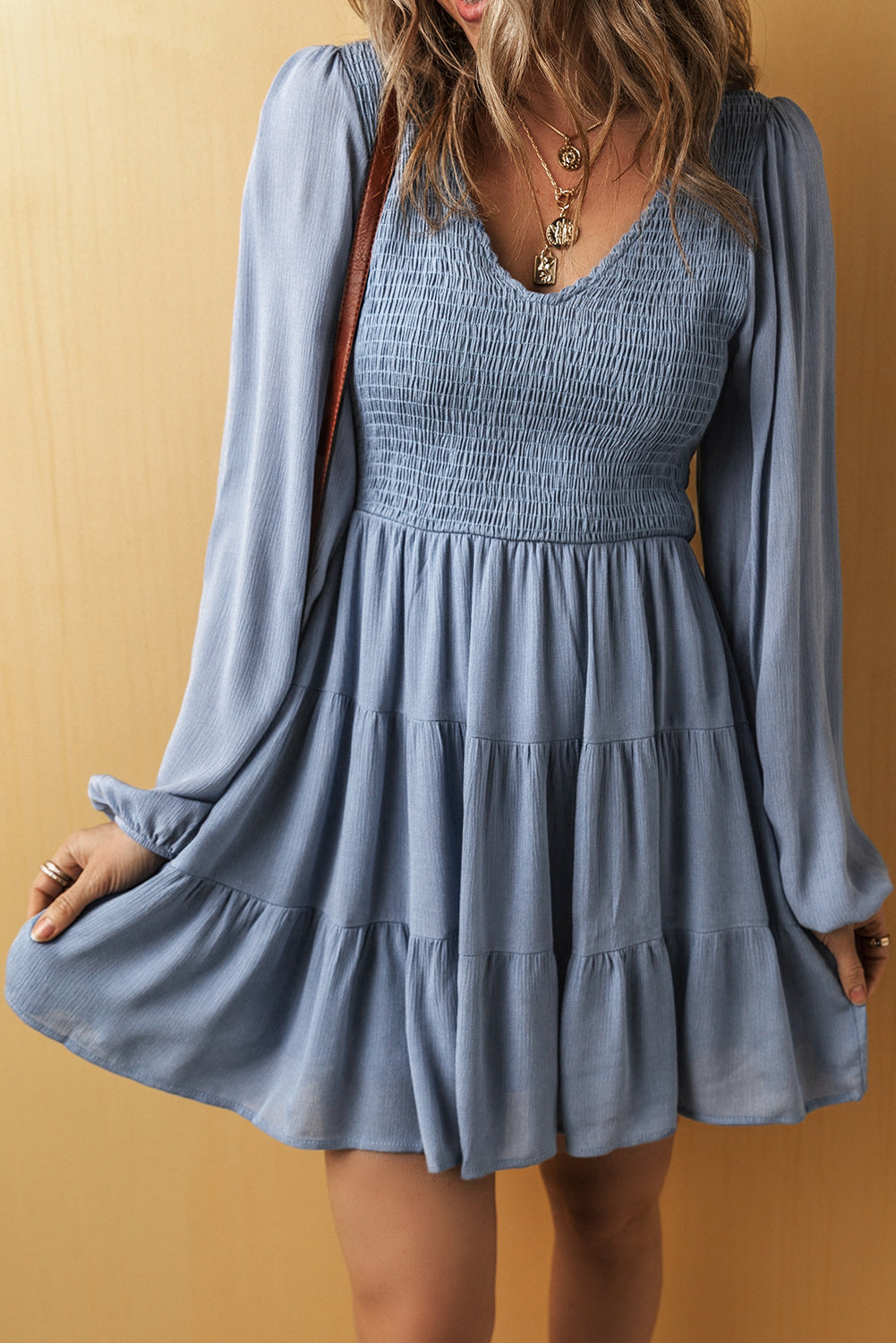 fitted lace wedding dress Ashleigh Blue Long Sleeve V Neck Smocked Tiered Mini Dress Ashleigh Blue / XL / 100%Viscose