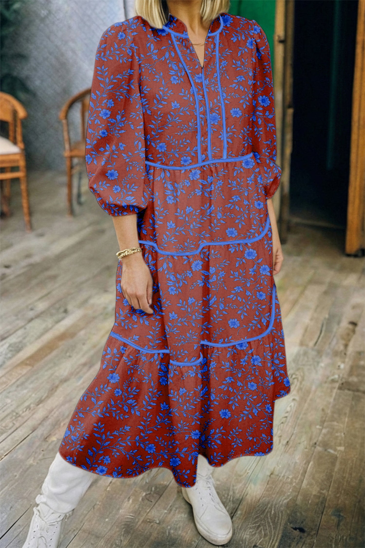 loose puff sleeve dress Brown 3/4 Puff Sleeve Tiered Loose Floral Dress